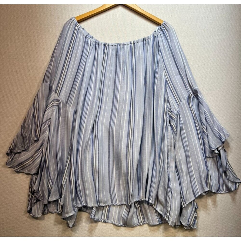 Fever Women's Peasant Blouse Flutter Sleeve Sz 3X Blue White Stripe Stretch